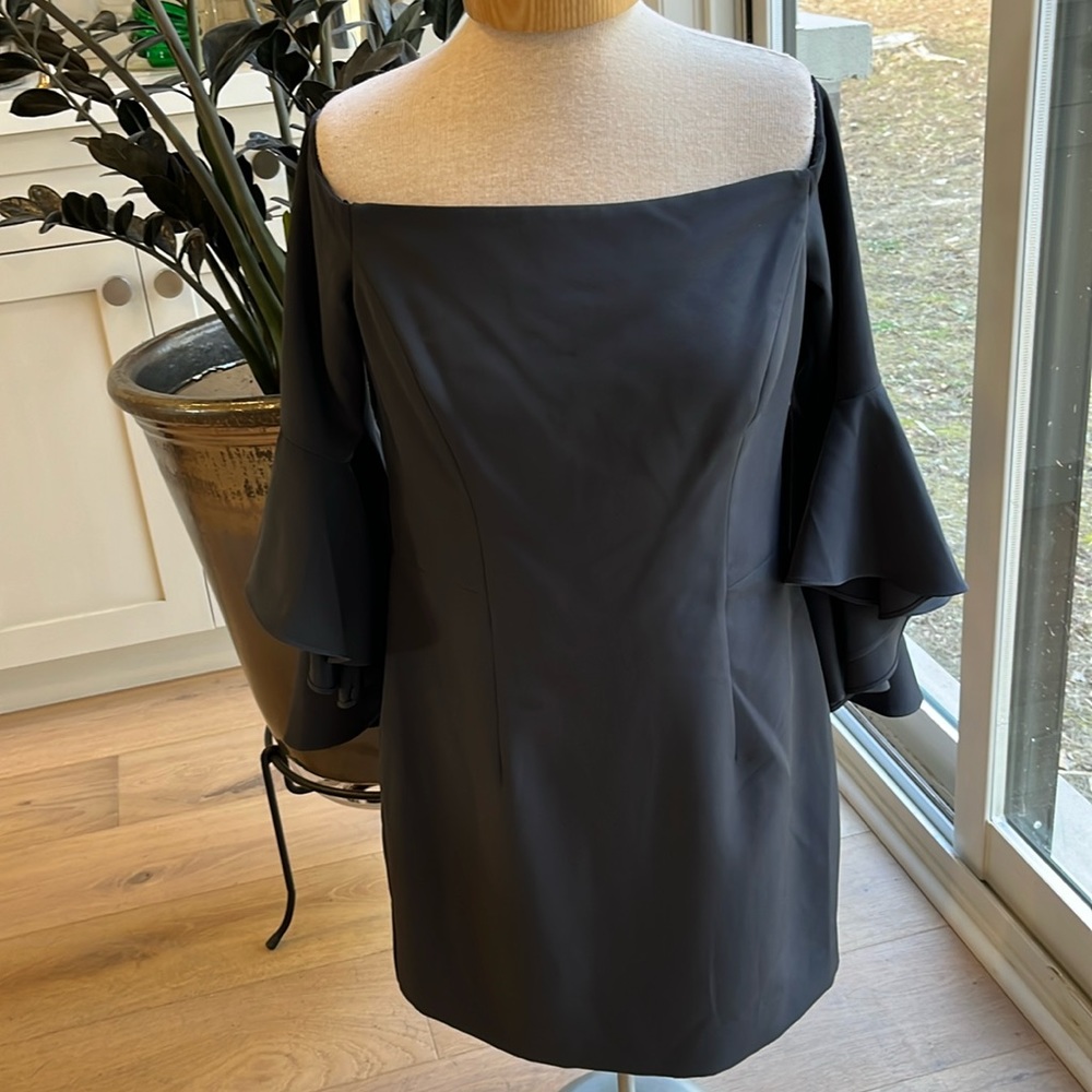 EUC Milly dress off/at the edge of the shoulder flutter sleeve in steel grey